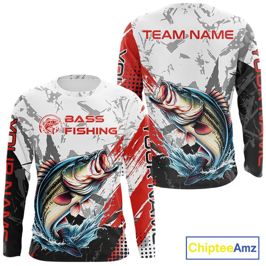 Front and back view of a bass fishing shirt long sleeve with name text on the sleeves and team name on the back.