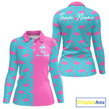 Load image into Gallery viewer, Front and back view of women’s long sleeve golf polo shirt with pink and blue flamingos pattern and personalized name