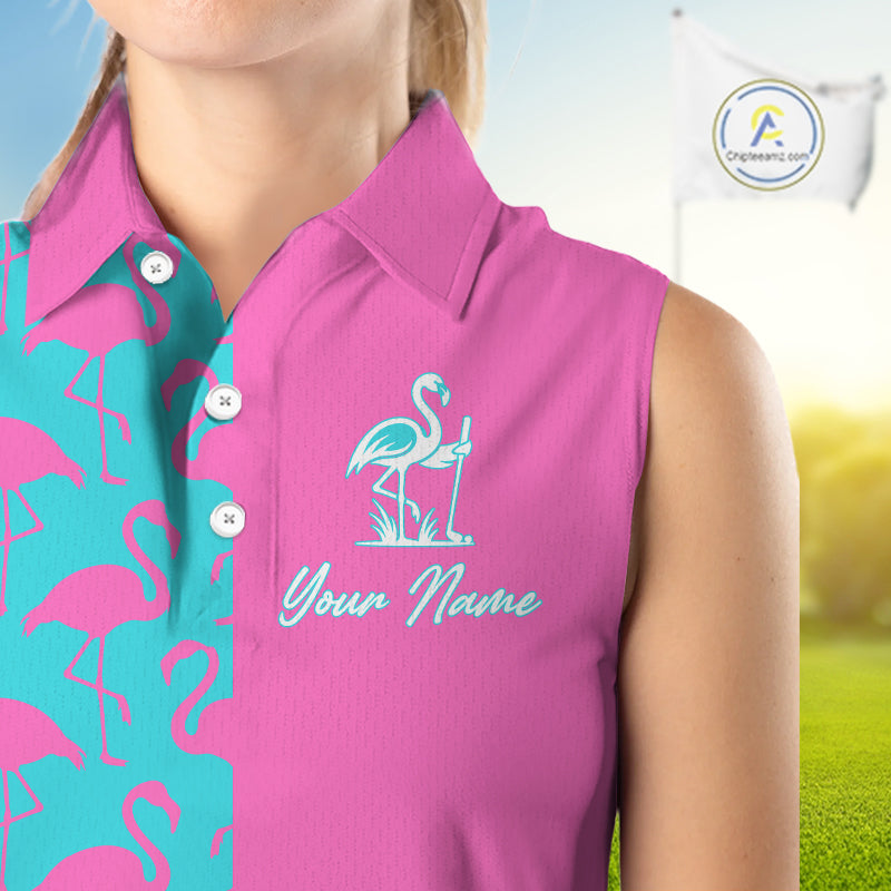 Close-up of pink and blue flamingos pattern on women’s sleeveless golf polo shirt