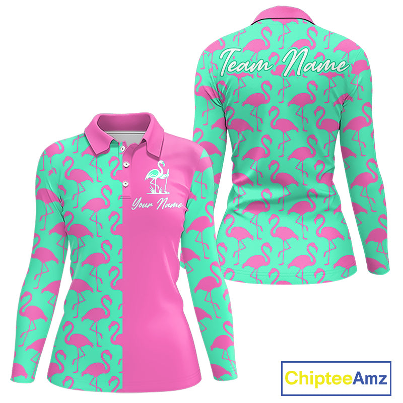 Front and back view of women’s long sleeve golf polo shirt with pink and green flamingos pattern and personalized name