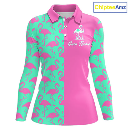 Front view of women’s long sleeve golf polo shirt with pink and green flamingos pattern