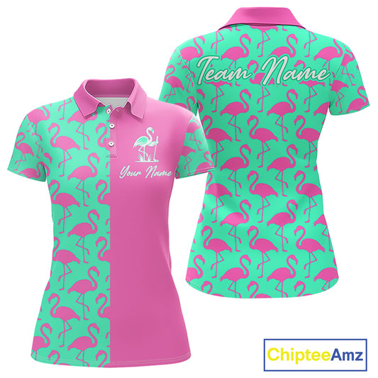 Front and back view of women’s long sleeve golf polo shirt with pink and green flamingos pattern and personalized name