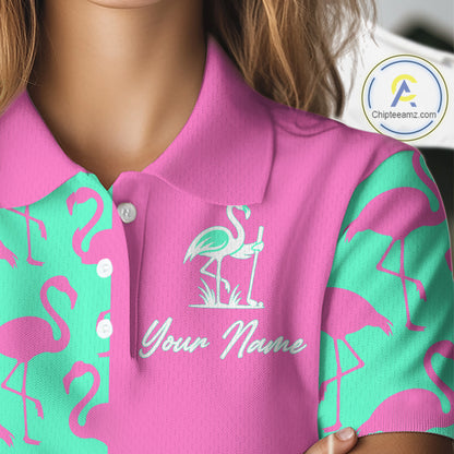 Close-up of pink and green flamingos pattern on women’s golf polo shirt