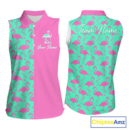 Front and back view of women’s sleeveless golf polo shirt with pink and green flamingos pattern and personalized name