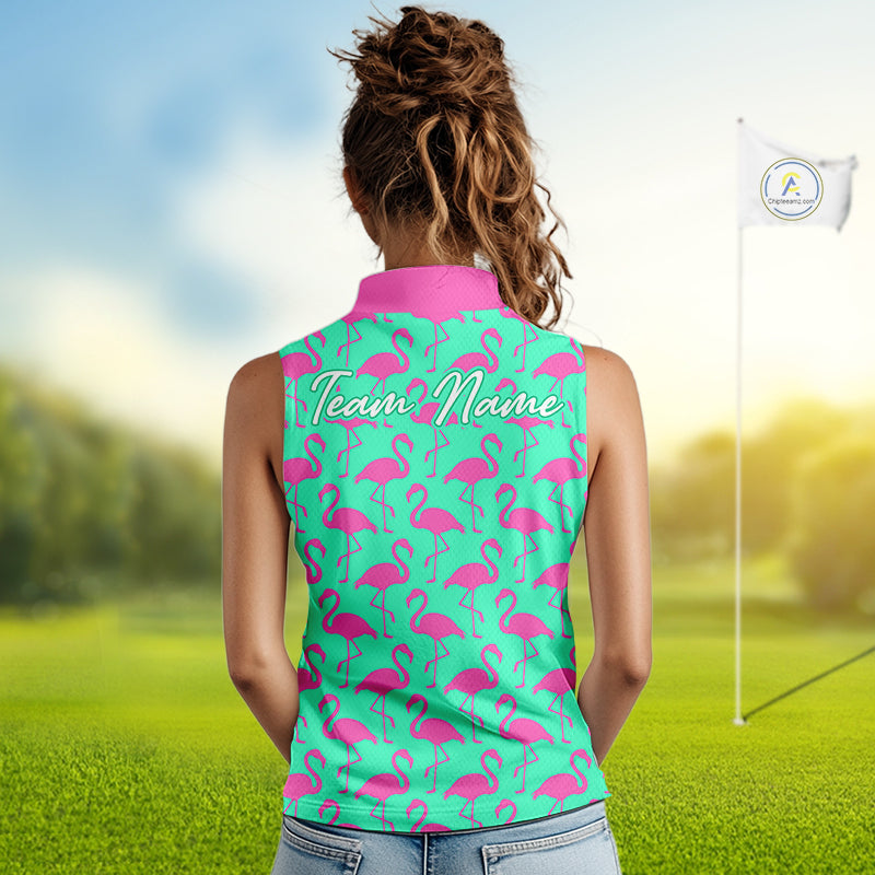 Woman wearing a green sleeveless polo shirt with pink flamingo pattern and 'Team Name' text on the back, standing on a golf course.