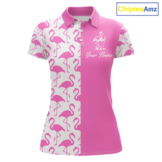 Front view of women’s golf polo shirt with pink and white flamingos pattern