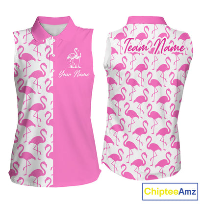 Front and back view of women’s sleeveless golf polo shirt with pink and white flamingos pattern and personalized name