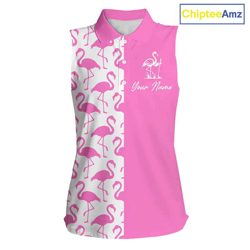 Front view of women’s sleeveless golf polo shirt with pink and white flamingos pattern