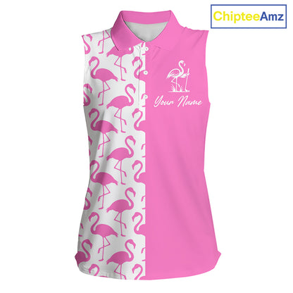 Front view of women’s sleeveless golf polo shirt with pink and white flamingos pattern