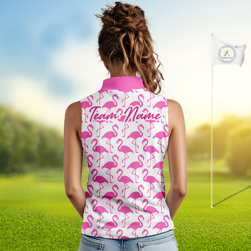 Woman wearing a white polo shirt with pink flamingo pattern and 'Team Name' text on the back, standing on a golf course.