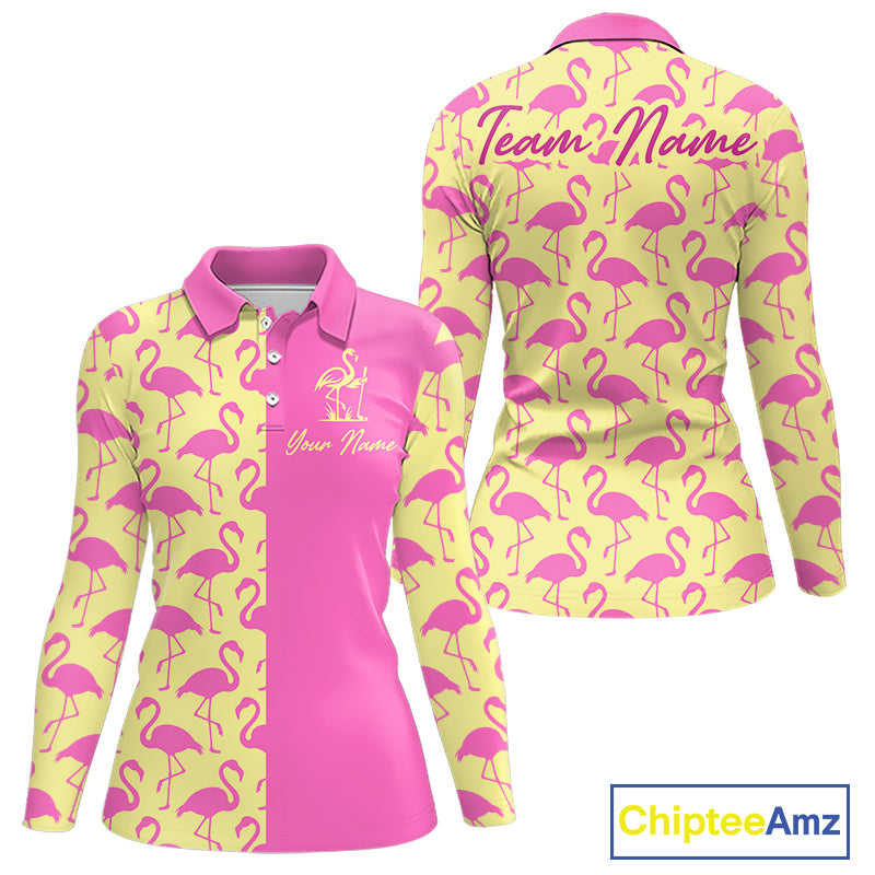 Front and back view of women’s long sleeve golf polo shirt with pink and yellow flamingos pattern and personalized name