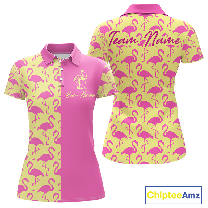 Front and back view of women’s golf polo shirt with pink and yellow flamingos pattern and personalized name