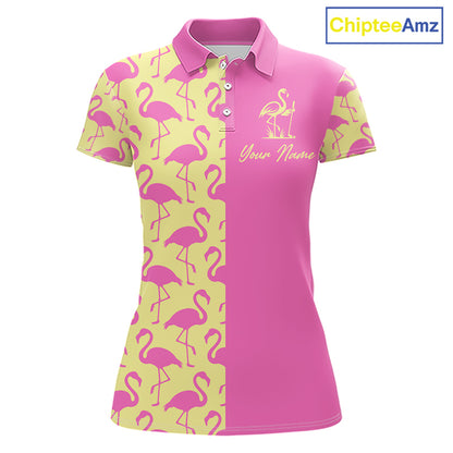 Front view of women’s golf polo shirt with pink and yellow flamingos pattern
