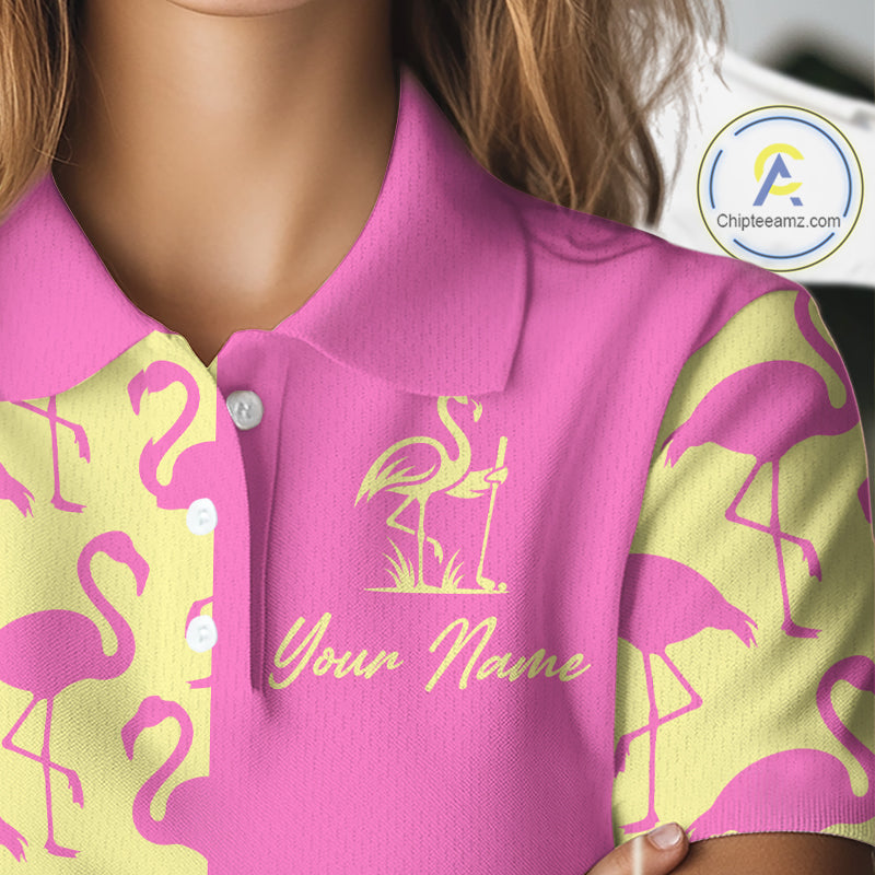 Close-up of pink and yellow flamingos pattern on women’s golf polo shirt