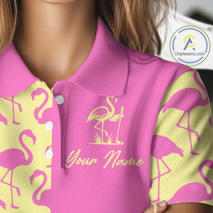 Close-up of pink and yellow flamingos pattern on women’s golf polo shirt
