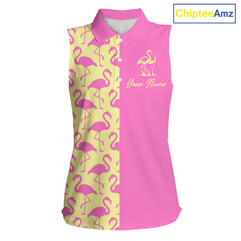 Front view of women’s sleeveless golf polo shirt with pink and yellow flamingos pattern