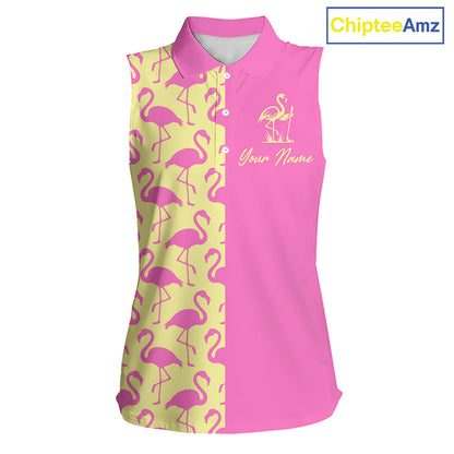 Front view of women’s sleeveless golf polo shirt with pink and yellow flamingos pattern