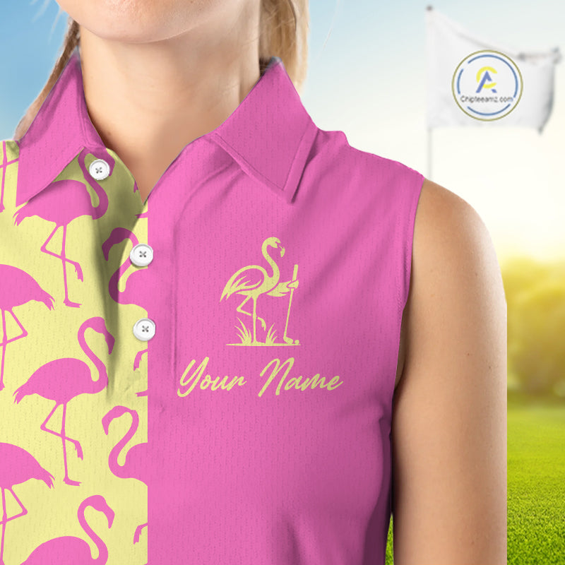 Close-up of pink and yellow flamingos pattern on women’s sleeveless golf polo shirt