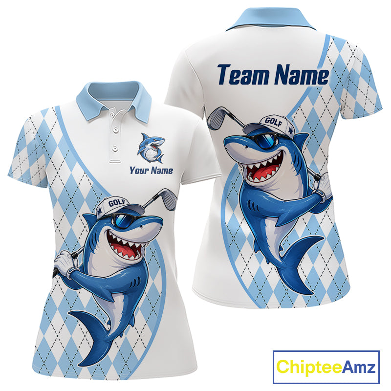 Funny Womens Golf Polo Shirt Argyle Pattern Custom Name Shark Playing Golf Shirt Golf Gifts NBT951