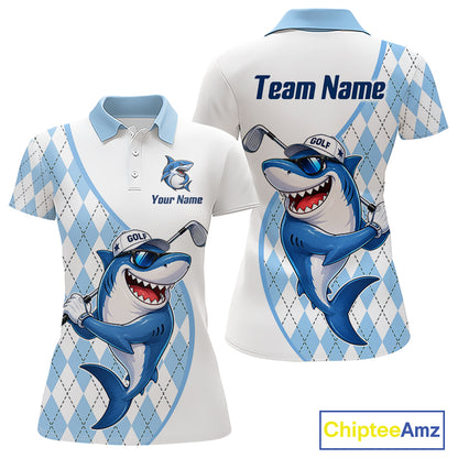 Funny Womens Golf Polo Shirt Argyle Pattern Custom Name Shark Playing Golf Shirt Golf Gifts NBT951