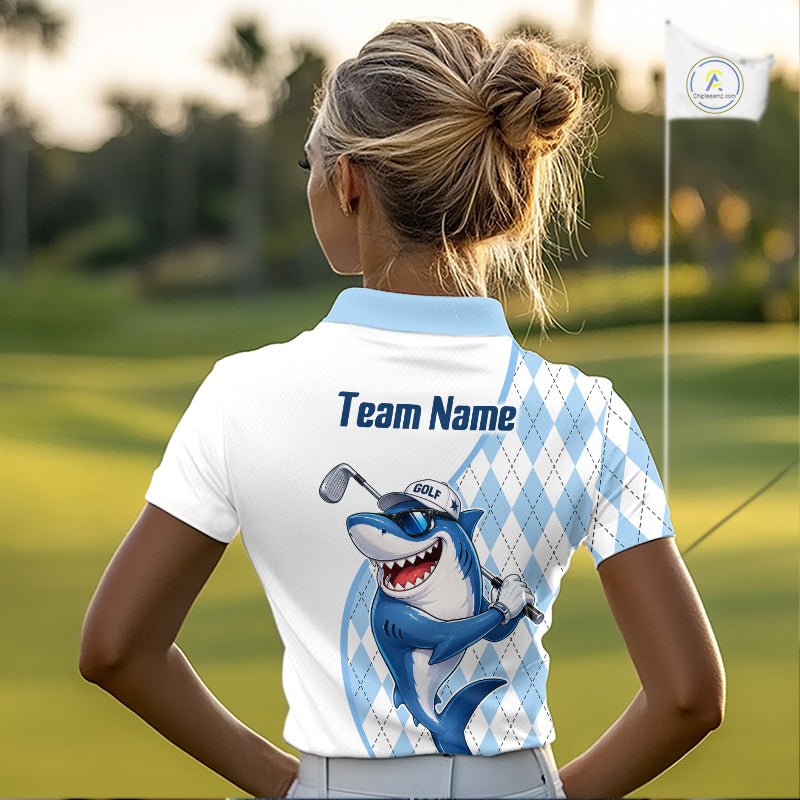 Funny Womens Golf Polo Shirt Argyle Pattern Custom Name Shark Playing Golf Shirt Golf Gifts NBT951