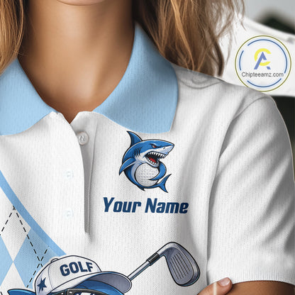 Funny Womens Golf Polo Shirt Argyle Pattern Custom Name Shark Playing Golf Shirt Golf Gifts NBT951