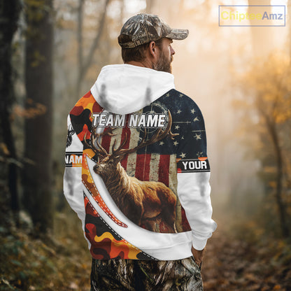 Blaze Orange Camo Elk Hunting Hoodie, Longsleeve Shirt for Men, Custom Name NBT06
