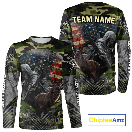 Grim Reaper US Flag Deer Hunting Hoodie, Longsleeve Shirt, Gifts for Hunters NBT07