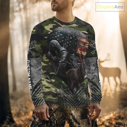 Grim Reaper US Flag Deer Hunting Hoodie, Longsleeve Shirt, Gifts for Hunters NBT07