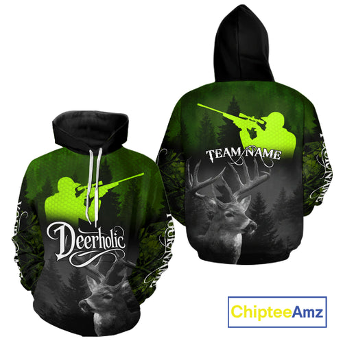 Deer Hunting Shirt Deerholic Hunter Silhouette – Green Camo Big Game Rifle for Men NBT25