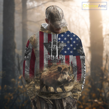American Flag Wild Boar Camo Custom Name 3D Shirts, Boar Hunting Clothes for Hunters NBT132