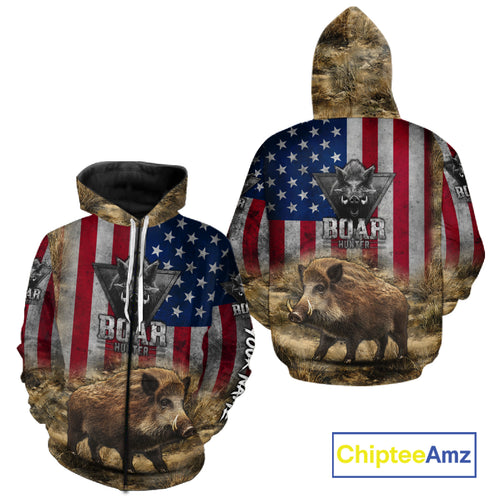 American Flag Wild Boar Camo Custom Name 3D Shirts, Boar Hunting Clothes for Hunters NBT132
