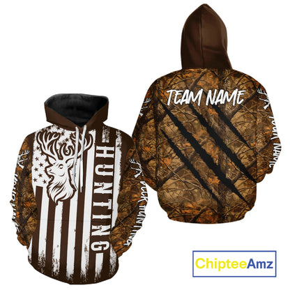 Personalized Brown Camo Deer Hunting Shirt with US Flag & Deer Buck, Hunter Gifts NBT59