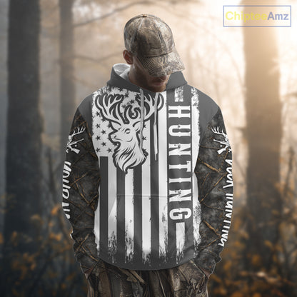 Personalized Dark Camo Deer Hunting Shirt with US Flag & Deer Buck, Hunter Gifts NBT60