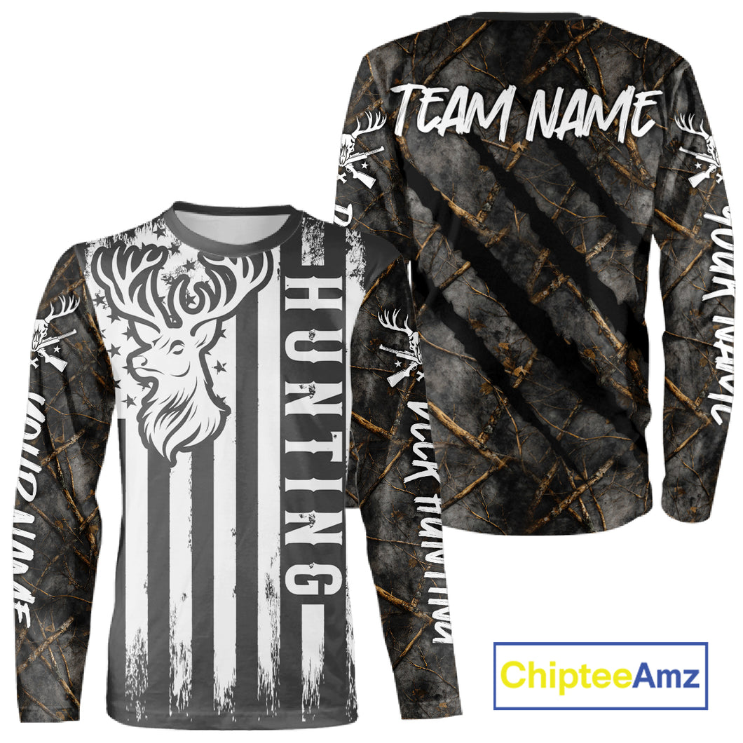Personalized Dark Camo Deer Hunting Shirt with US Flag & Deer Buck, Hunter Gifts NBT60