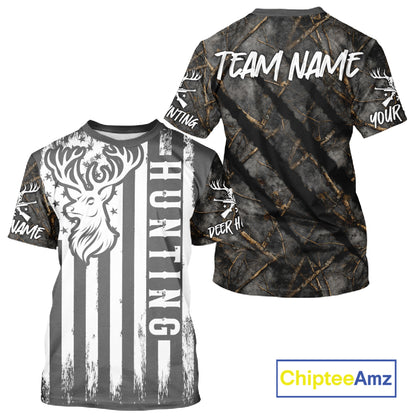 Personalized Dark Camo Deer Hunting Shirt with US Flag & Deer Buck, Hunter Gifts NBT60