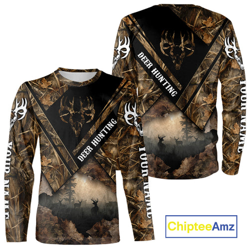 Deer Hunting Shirt Custom Name 3D All Over Print with Deer Skull & Brown Camo For Deer Hunters NBT79