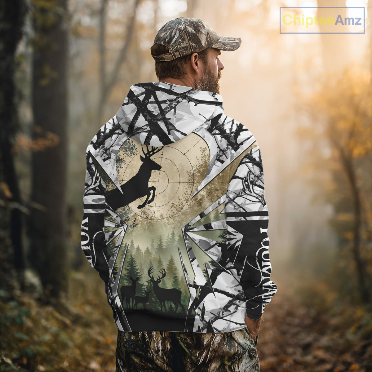 Grey Camo Deer Hunting Hoodie, Buck with Scope Silhouette, Whitetail Season NBT14