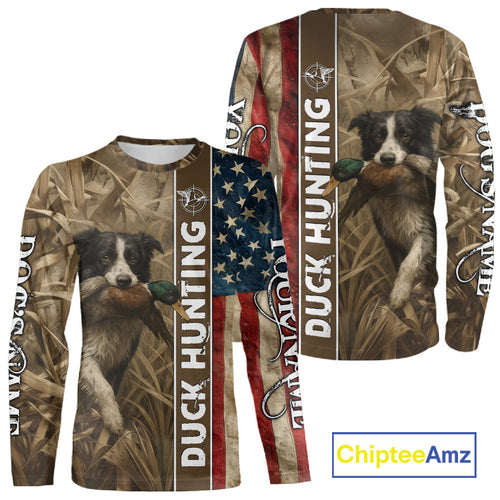 Border Collies Duck Hunting Waterfowl Camo US Flag Shirts, Custom Name Shirts, Hunting Gifts NBT96