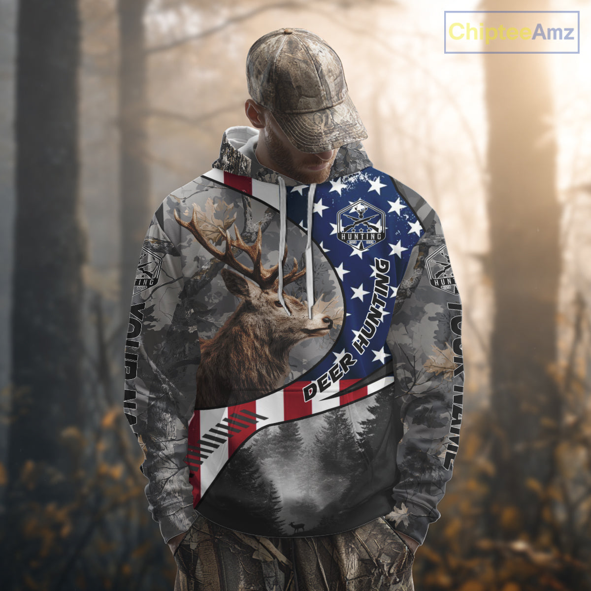American Flag Grey Camo Deer Hunting Shirt - Personalized Gift for Hunters NBT19