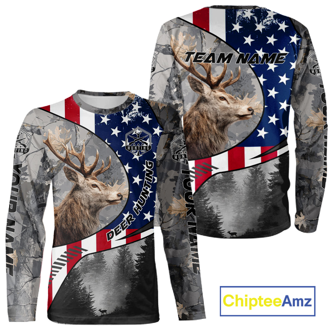 American Flag Grey Camo Deer Hunting Shirt - Personalized Gift for Hunters NBT19