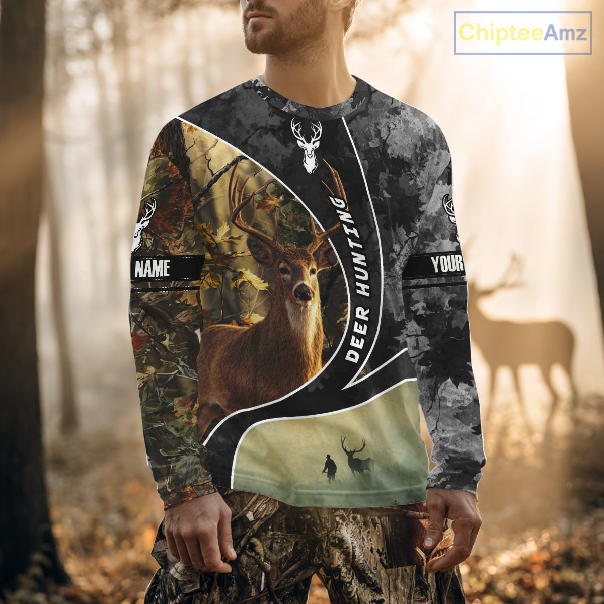 Personalized Deer Hunting Hoodie, Longsleeve Shirt – Whitetail Buck, Fall Camo, Gifts for Men NBT27