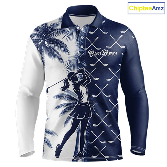 Blue Tropical Palm Trees Golf Club Pattern Mens Golf Polo Shirts Custom Team Golf Shirt NBT567