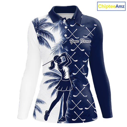 Blue Tropical Palm Trees Golf Club Pattern Womens Golf Polo Shirts Custom Team Golf Shirt NBT567