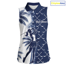 Load image into Gallery viewer, Blue Tropical Palm Trees Golf Club Pattern Womens Sleeveless Golf Polo Shirts Custom Team Golf Shirt NBT567