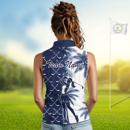 Blue Tropical Palm Trees Golf Club Pattern Womens Sleeveless Golf Polo Shirts Custom Team Golf Shirt NBT567