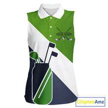 Load image into Gallery viewer, Green &amp; Blue Golf Bag Womens Sleeveless Golf Polo Shirts Custom Golf Shirts, Golf Attire For Ladies NBT576