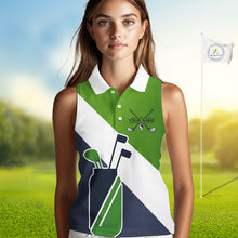 Load image into Gallery viewer, Green &amp; Blue Golf Bag Womens Sleeveless Golf Polo Shirts Custom Golf Shirts, Golf Attire For Ladies NBT576