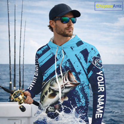 Bass Fishing Blue Camo Long Sleeve Hooded Fishing Shirts UV Protection, Bass Fishing Jerseys NBT460