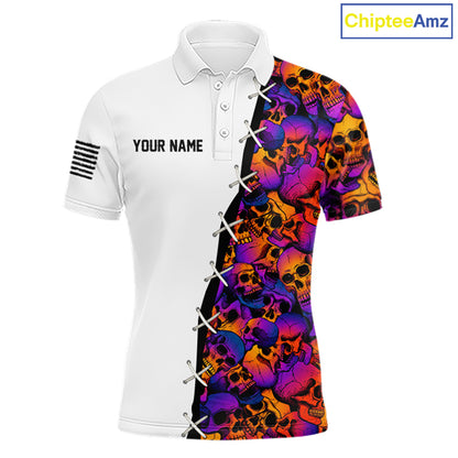 Colorful Skull American Flag Mens Polo Shirt Front View Custom Name